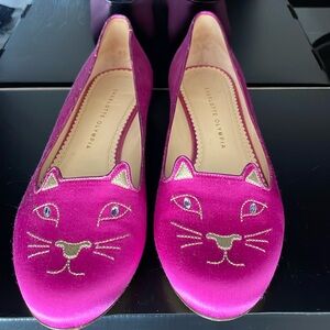 Charlotte Olympia fuschia satin flats